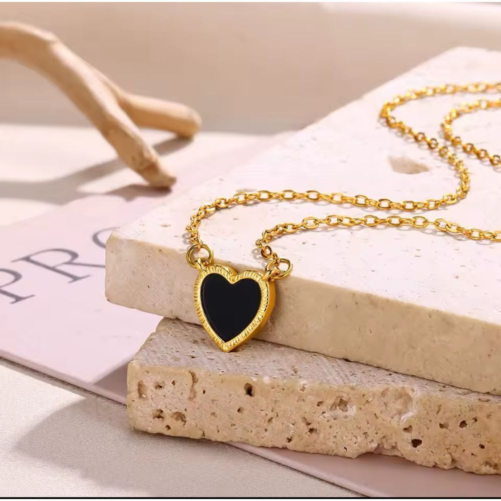 Dainty Gold Heart‎ Pendant Necklace Black Enamel Chain Minimalist Jewelry 38+7cm
